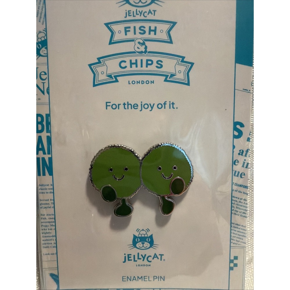 Jellycat Mushy Peas London Exclusive Enamel Pin, Stickers Fish & Chips Peggy Dot
